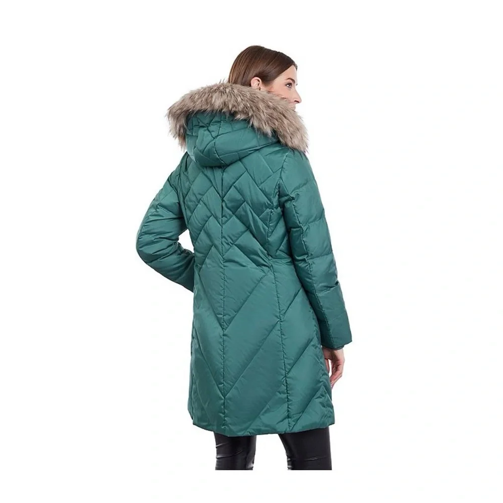London Fog Women's Black Puffer Coat with Faux Fur Hood - Picture 2 of 8